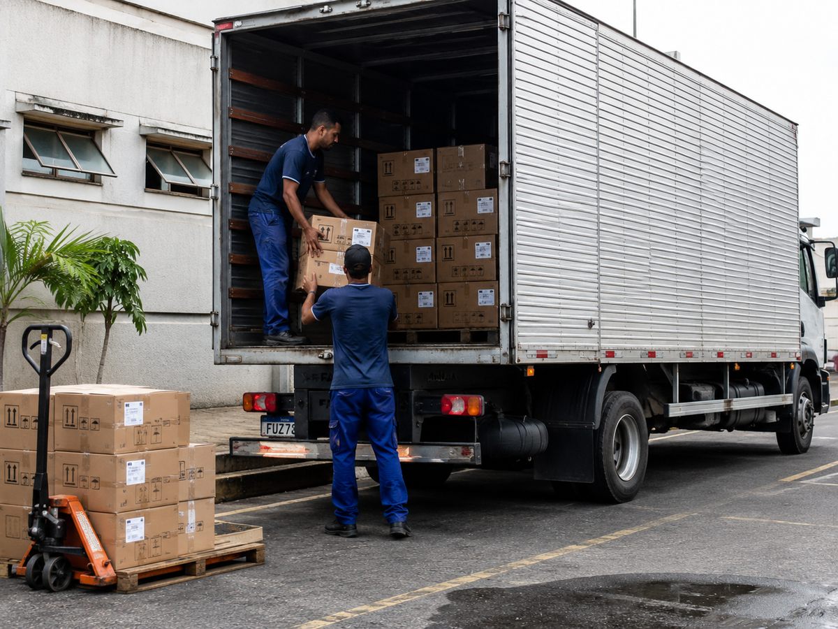 Equipe carregando caminhão de transportadora