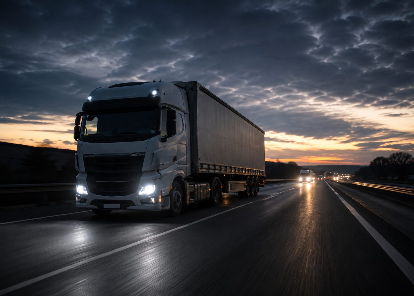 Carreta em movimento numa rodovia ao anoitecer, com faróis acesos