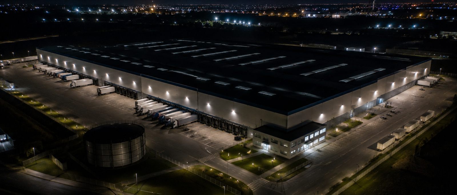 Vista aérea de galpão logístico iluminado à noite, com carretas posicionadas nas docas