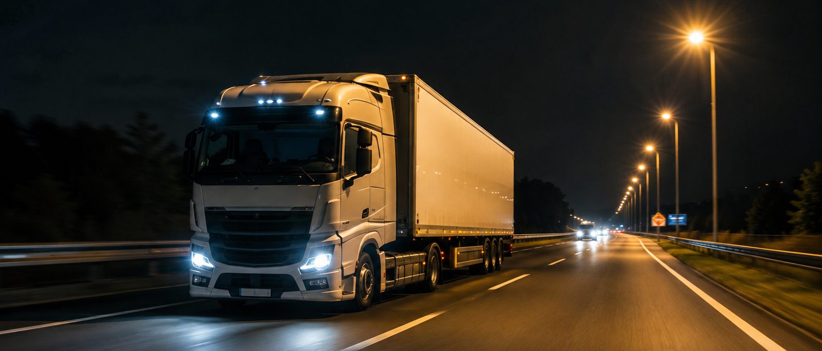 Carreta trafegando em rodovia iluminada durante a noite