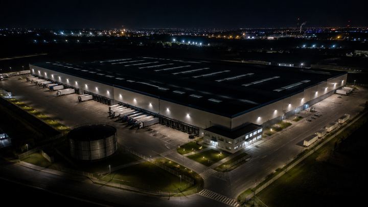 Vista aérea de galpão logístico iluminado à noite, com carretas nas docas