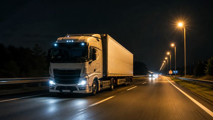 Carreta trafegando em rodovia iluminada durante a noite