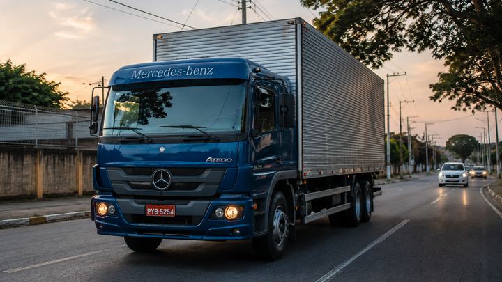 Caminhão de carga trafegando no fim da tarde